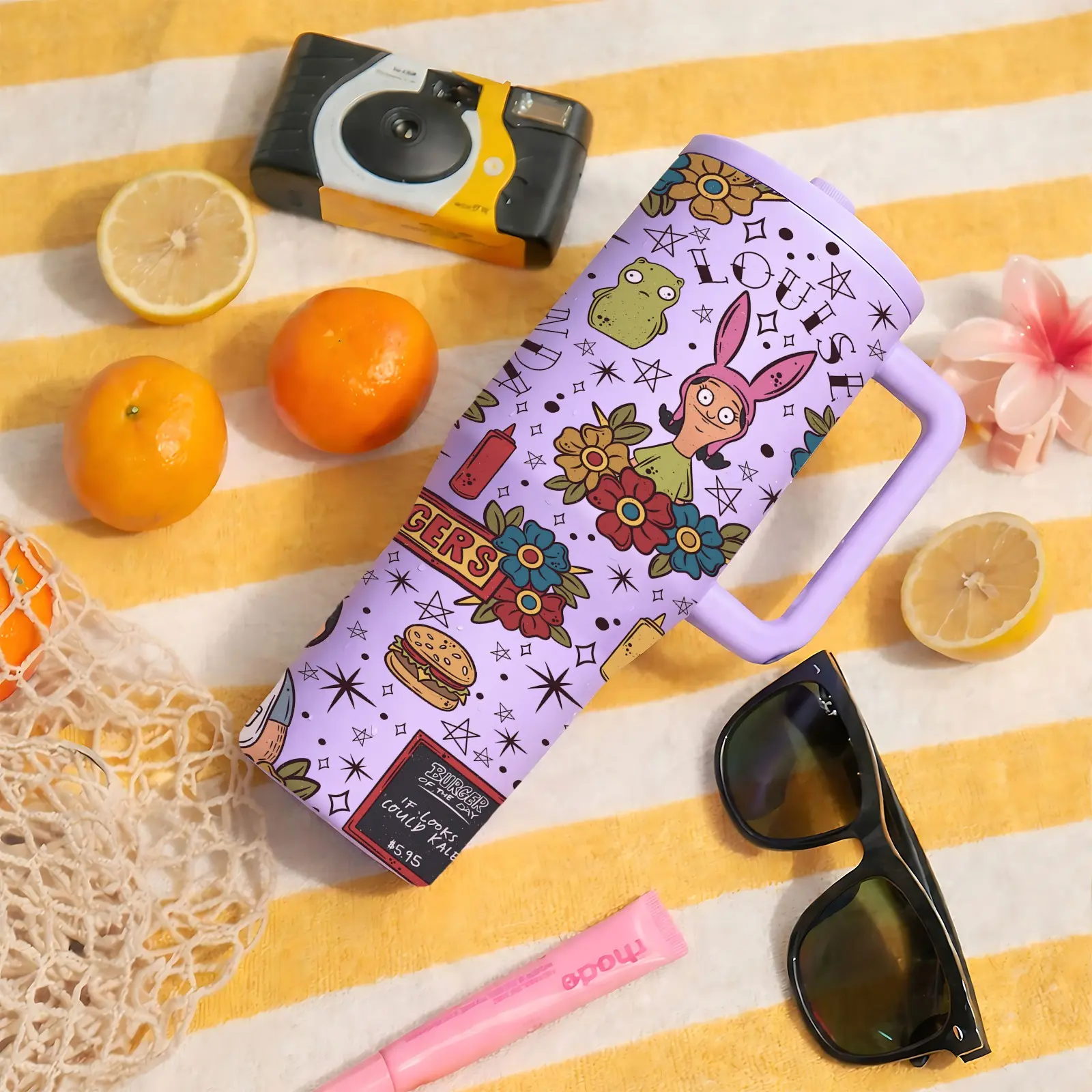 40 oz Insulated Hydration Tumbler with Handle & Lid, Leakproof Insulated Tumbler, Double-Wall Leak-Proof Stainless Steel Travel Mug, Keeps Drinks Hot for 12h and Cold for 24h, Cartoon Burger Print, Gift for Women & Men, Insulated Travel Drinkware