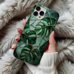 Stained Glass Art Tough Shockproof Phone Case with Green Monstera Leaf Design, Trendy Vintage Style, Heavy Duty Drop Protection for iPhone 11 12 13 14 15 16 17 Pro Max Plus
