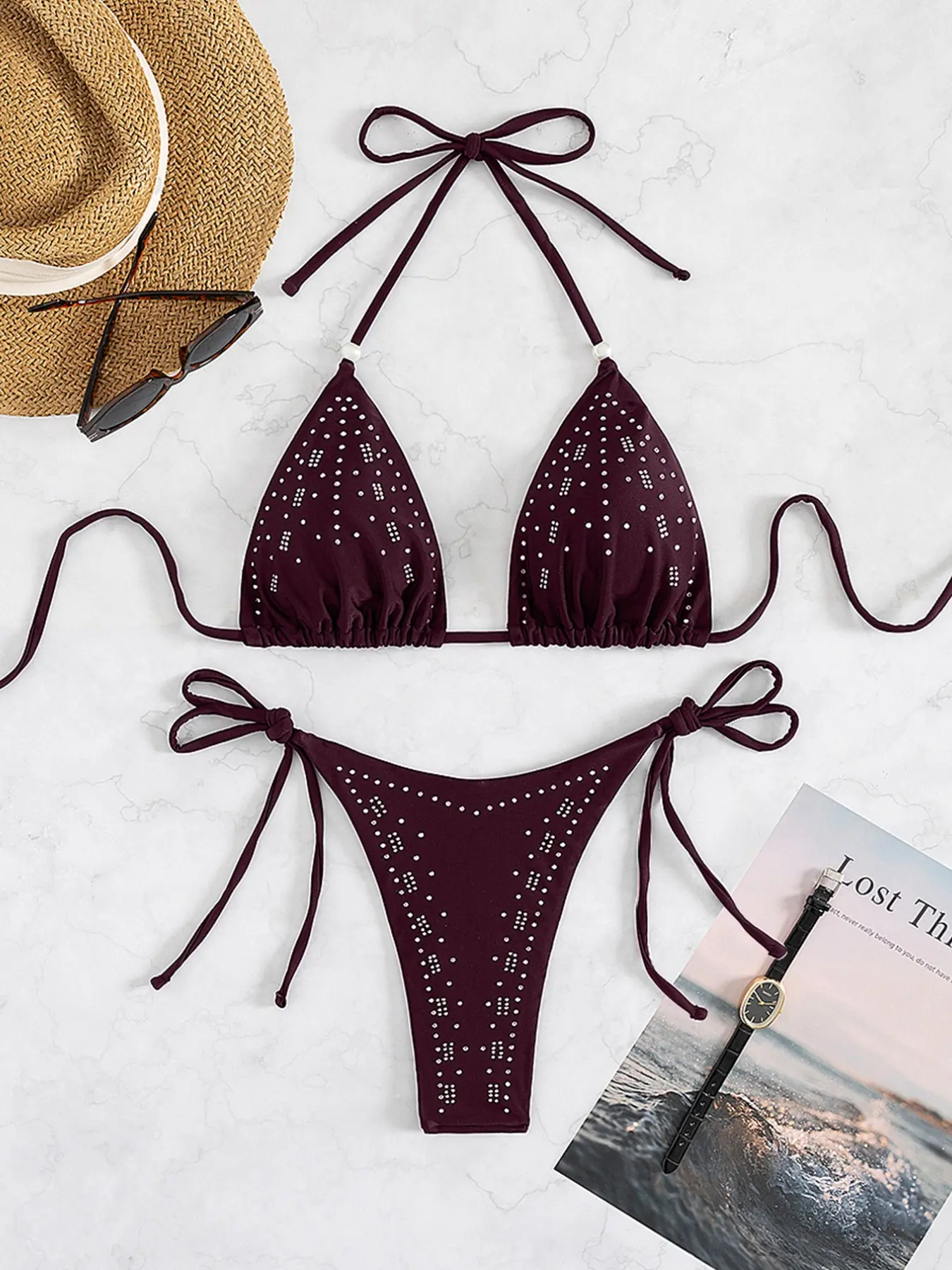 Women's Fashion Bikini Set, Pure Color Rhinestone Tie Belt Design, Summer Beach Bikini, Beach Holiday Party Wear, Two-Piece Swimsuit for Women, Self Tie Bikini, Solid Bikini Set, Bikinis Set