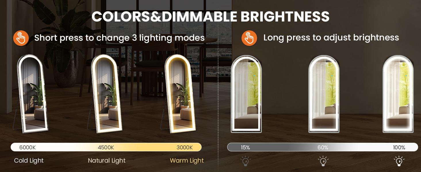 Stand Mirror Full Length with LED Lights, Floor Mirror Dimming & 3 Color Lighting, Large Mirror  for Bedroom, Glass Decorations Supplies