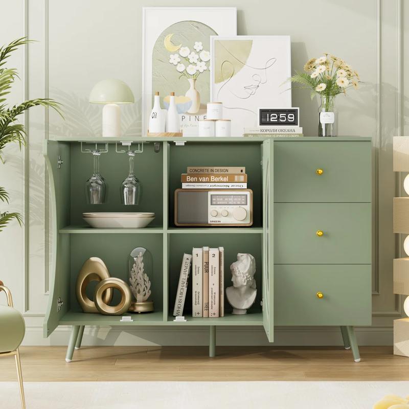 Coffee Bar Cabinet with 3 Drawers & Glass Door, Modern Buffet Sideboard Bar Table, Buffet Cabinet with Storage for Dining Room