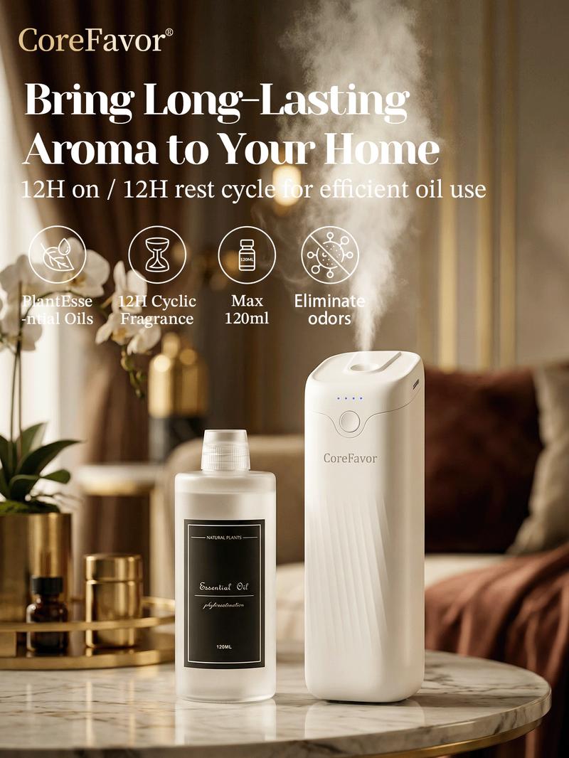 CoreFavor Waterless Essential Oil Diffuser, 4.06fl oz(120ml) Portable Battery Operated Cold Air Aroma Scent Machine, 4 Adjustable Intensity Levels, Quiet Diffuser for Bedroom, Office, Bathroom, Car