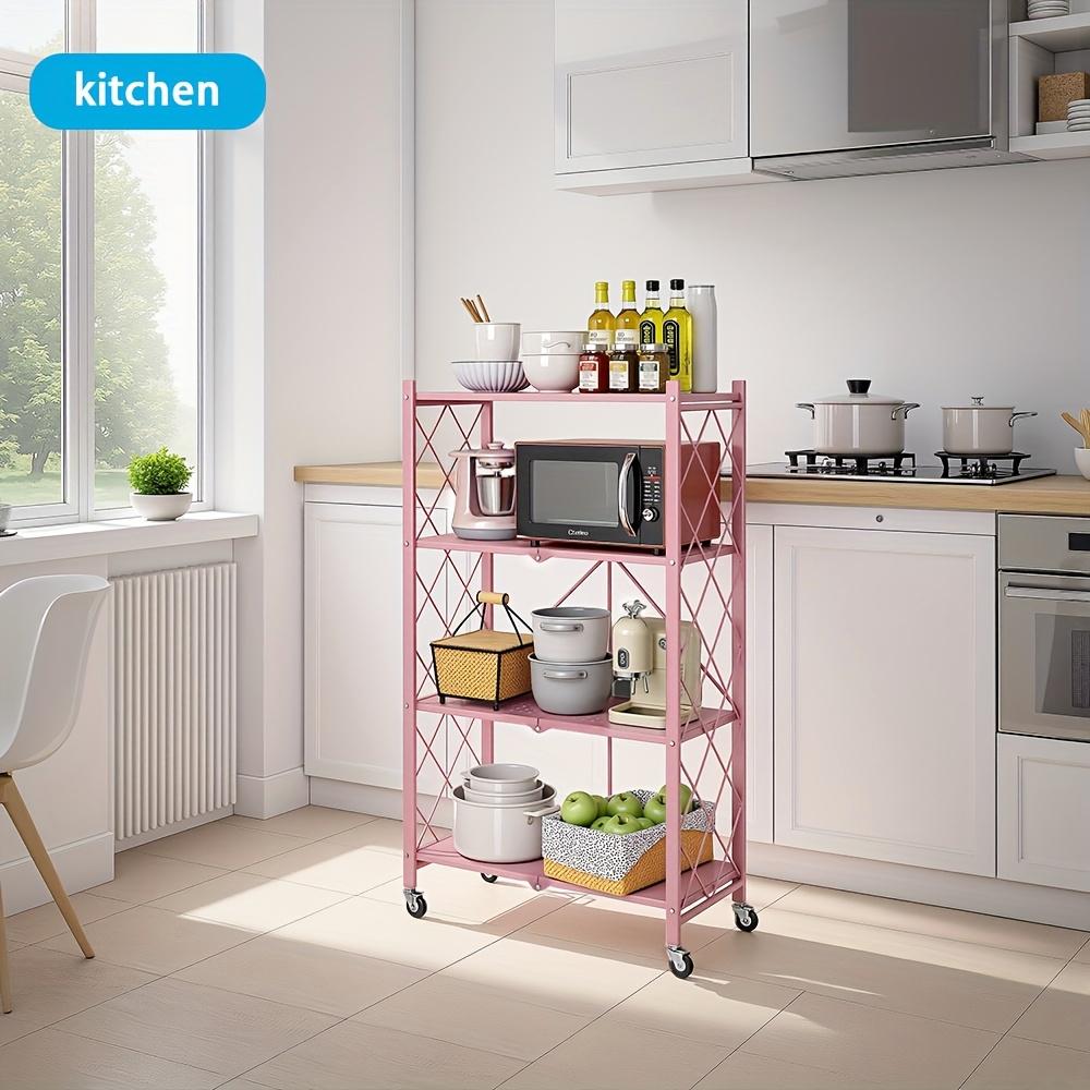 3/4/5-Tier Portable Multifunctional Storage Rack, Floor-Standing Storage Rack with Lockable Wheels, Space-Saving, No Assembly, Foldable Storage Shelf with Durable Carbon Steel Frame for Bedroom, Balcony, Garden, Standing Shelf