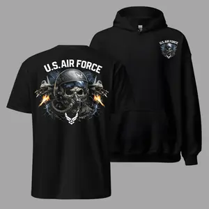 U.S. Air Force T Shirt Hoodie, 2 Sides, Fighter Pilot Skull Graphic Tee, Soft Cotton Blend Apparel, Patriotic Air Force Clothing for Men & Women, Military Pride Gift