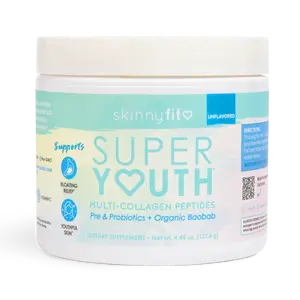 SkinnyFit Super Youth Unflavored Multi-Collagen Peptides Powder Beauty Supplement w/ Hyaluronic Acid, Vitamin C, & Probiotics For Youthful-Looking Skin, Hair, & Gut, Joint, & Bone Health