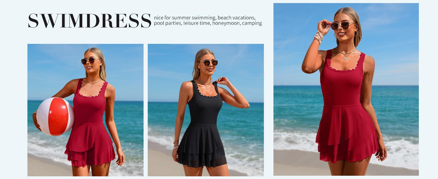 Charmo Women One Piece Swim Dress Tummy Control Swimsuit Full Coverage Bathing Suit Mesh Sheer Swim Skirt Swimwear