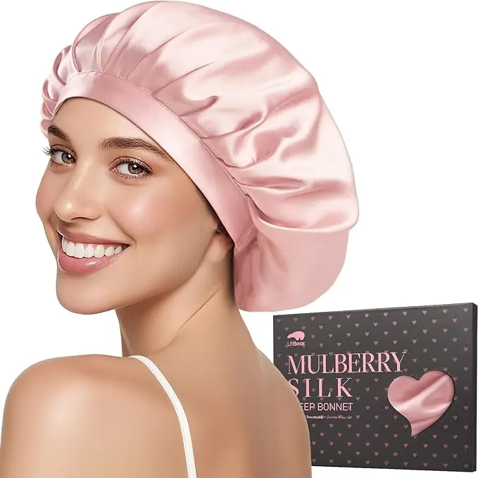 LitBear 100% Mulberry Silk Sleeping Bonnet - 22 Momme Single Layer Hair Tool for Women, Elastic Adjustable Fit, Anti-Frizz, Frictionless Moisture Lock, Curly/Long Hair Curlwrap, Ideal Daily Haircare Gift