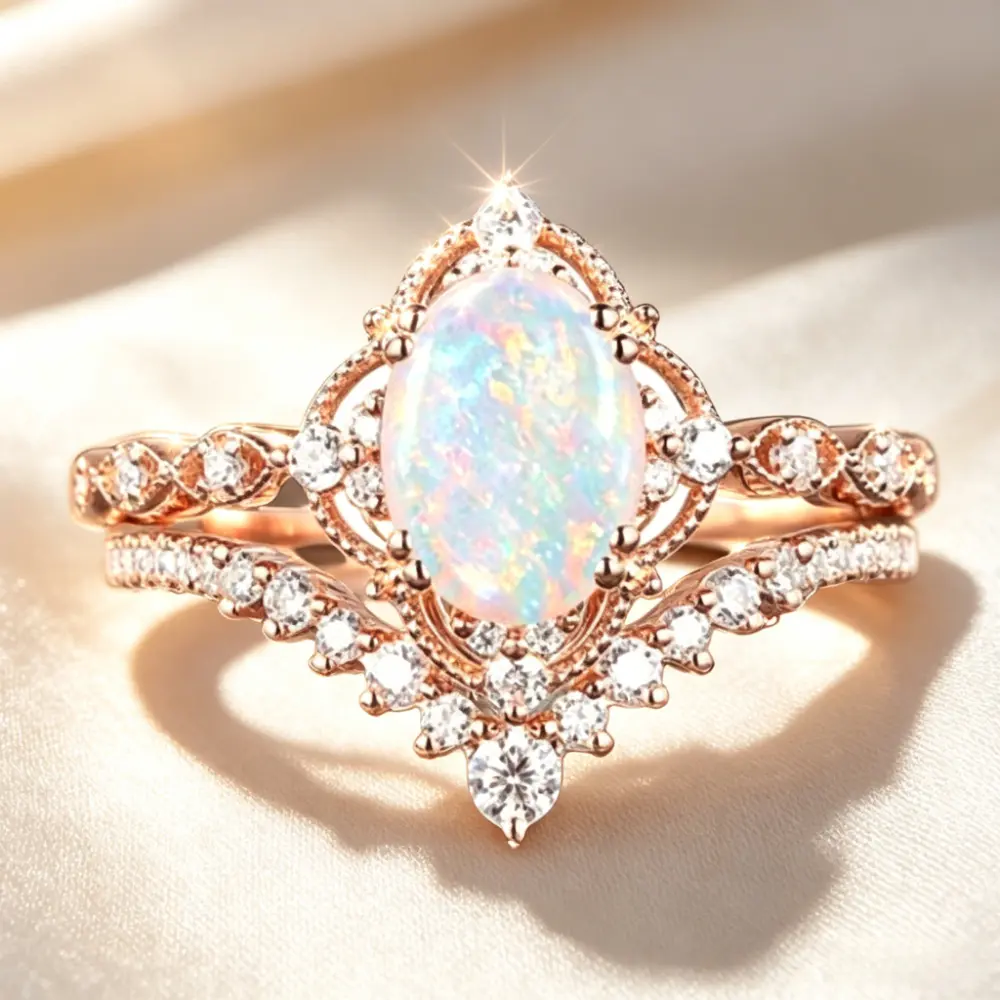 Lace Crown Engagement Rings, 2-Piece Couple's Set with Oval Synthetic Opal and Cubic Zirconia Inlay, Bridal Jewelry, Opal Rings, Wedding Rings