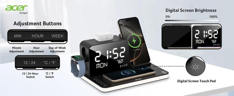 Acer 7 in 1 Wireless Charging Station Charger with Clock, LED Night Light & Temperature Display, USB-A & USB-C, Magnetic MagSafe – for iPhone, Android Phone, Apple Watch & AirPods, Gift