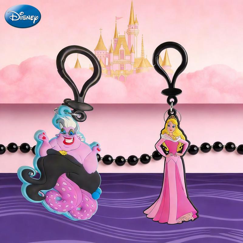 1PC Disney Princess Keychain Officially Licensed Collectible Aurora Ursula Classic Villain Gorgeous Gown Dress Sea Witch Anime Peripheral Backpack Decoration Car key Pendant Desk Ornament Durable PVC Rubber Gift