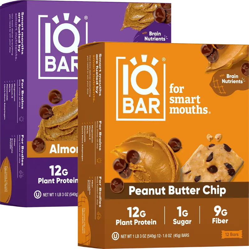 IQBAR Almond Butter Chip & Peanut Butter Chip - 24 Bars - 12g Plant Protein Crunchy Snack with Brain Nutrients