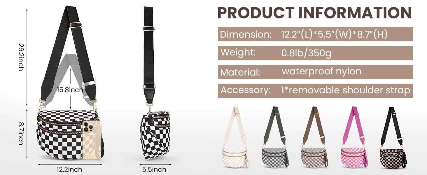 Jointlycreating Bum Bags for Women Checkered Crossbody Bag Nylon Lightweight Fanny Pack Large Belt Bag for Travel Slip On Design