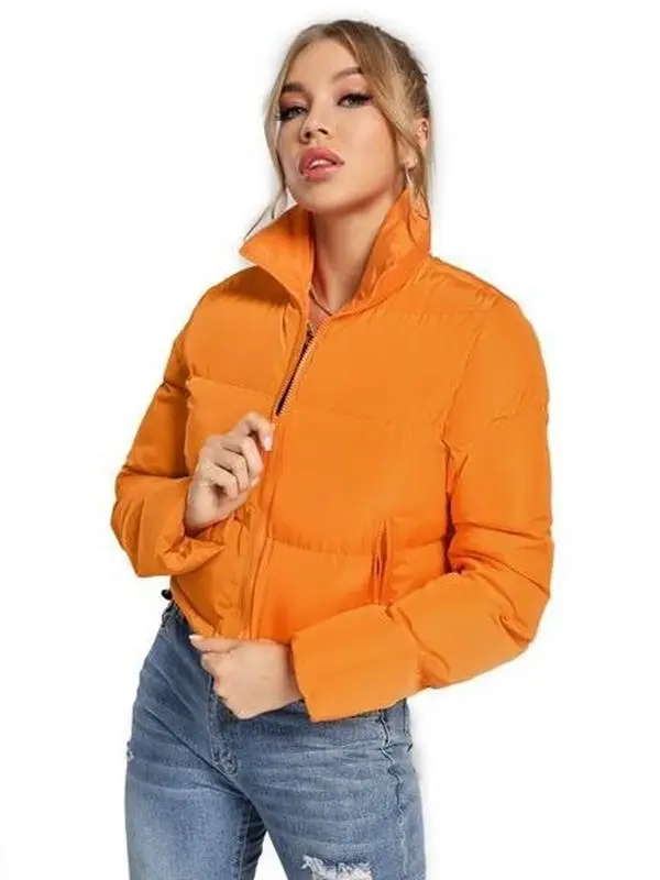 Lady's Long Sleeve Casual Stand-Up Collar Puffer Cropped Jacket - Cotton, Cozy, Elegant Womenswear Tops with Army-Inspired Design Outerwear