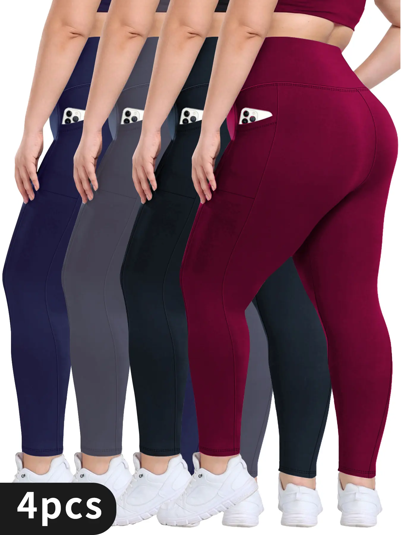 Women's Plus Size High-Waist Yoga Pants 4-Pack, Curvy Clothing, Comfy Athleisure Wear, High-Stretch Breathable Slim Leggings (Black, Navy, Burgundy, Grey) for Sports & Fitness, Women's Clothes Plus Size Athletic Bottoms, Plussize, Comfy Pants