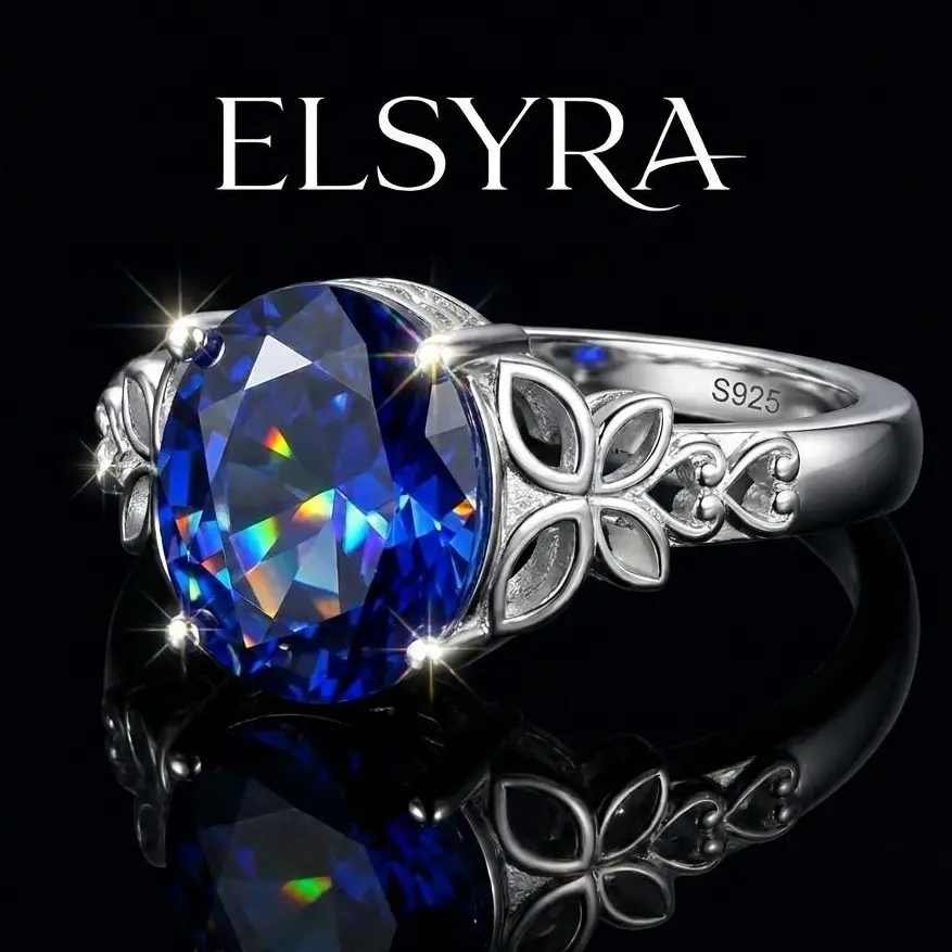 S925 Sterling Silver Oval Blue Sapphire Ring Floral Filigree Engagement Promise Ring for Women, Vintage Butterfly Blue Gem Ring for Women, Butterfly Accent Oval Art Deco Engagement Wedding Ring Round Simulated Cubic Zirconia