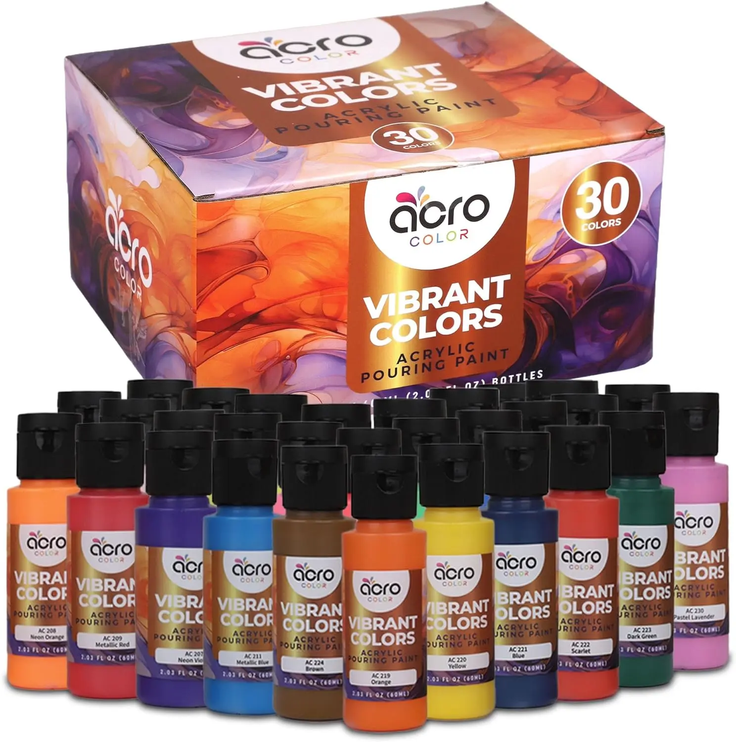 Acrylic Pouring Paint Set, 30 Colors, Vibrant, Pastel, or Metallic Sets, 2 Ounces Per bottle