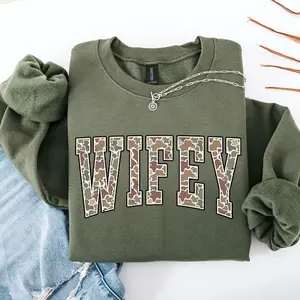 Camouflage Wifey Sweatshirt – Camo Wife Graphic Crewneck, Future Mrs Bridal Pullover, Adorable Country Bride Gift, Unisex Long Sleeve Crewneck Shirt
