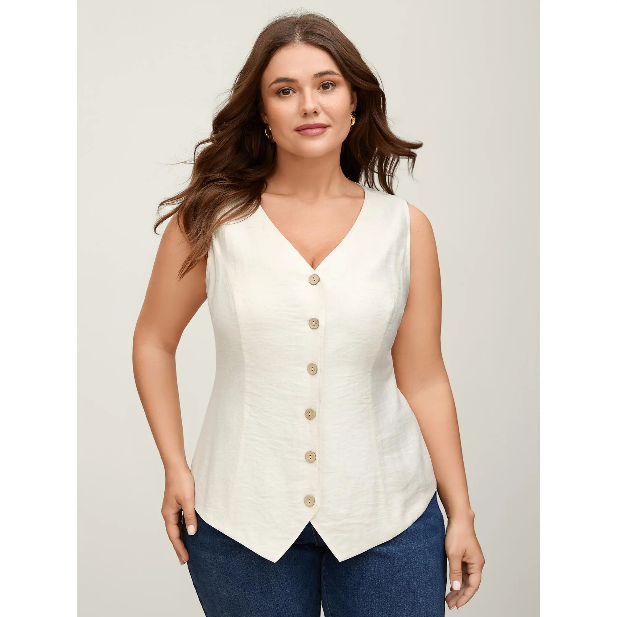 Women's Plus-Size Minimalist Sleeveless Linen-Solid Button Vest Top - Polyester-Blend Nylon Garment, Basic Casual Fit, Arm Freedom, Smooth Fabric, Low Iron, Curvy Clothing, Multi-Size, 2026 Summer Finds, Tops, Plus Size Clothes