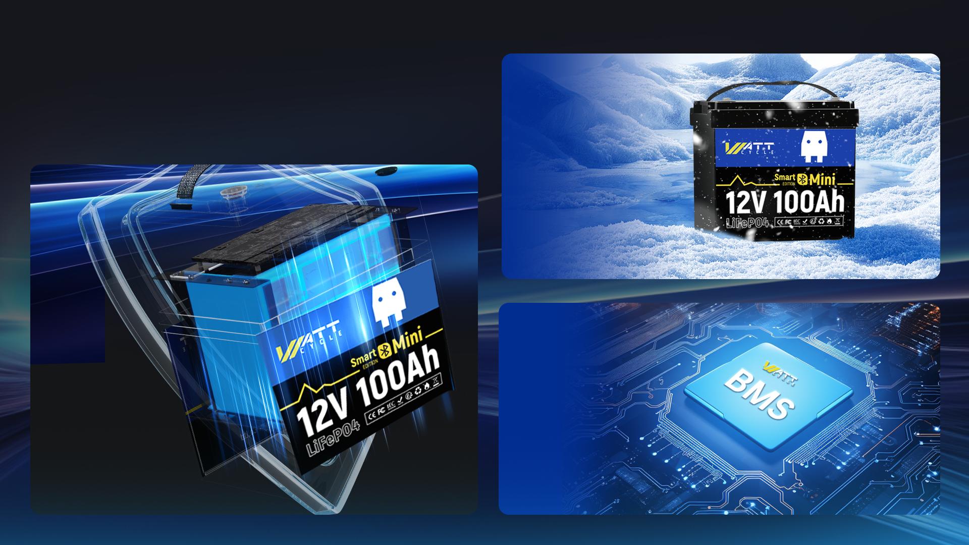 WattCycle 12V 100Ah Mini Bluetooth LiFePO4 Battery Group 22NF , Utilizing EV Grade A+ Cells,Lightweight Compact Power