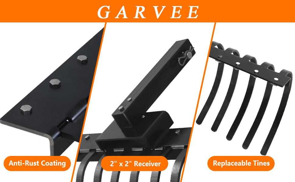 GARVEE 49 Inch GARVEE Pine Straw Rake with 17 Tines - Ideal Landscaping Tool for Lawn Tractors and ATV/UTV, Compatible with 2-Inch Receiver for Efficient Yard Maintenance and Raking Tasks.