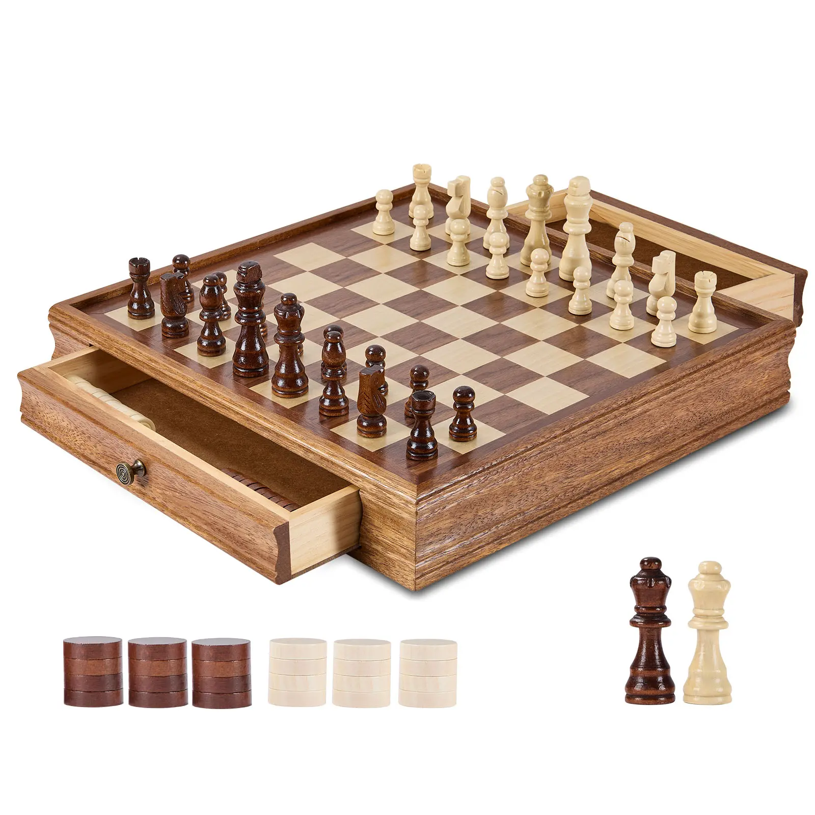 VEVOR Solid Wood Chess Set, TikTokShopBlackFriday, 15 inch  2-IN-1 Chess Checkers Game Set, Chess Board Games with Storage Drawer & Weighted Chess Checkers Pieces & 2 Queens, for Adults Tournament Professional Beginner
