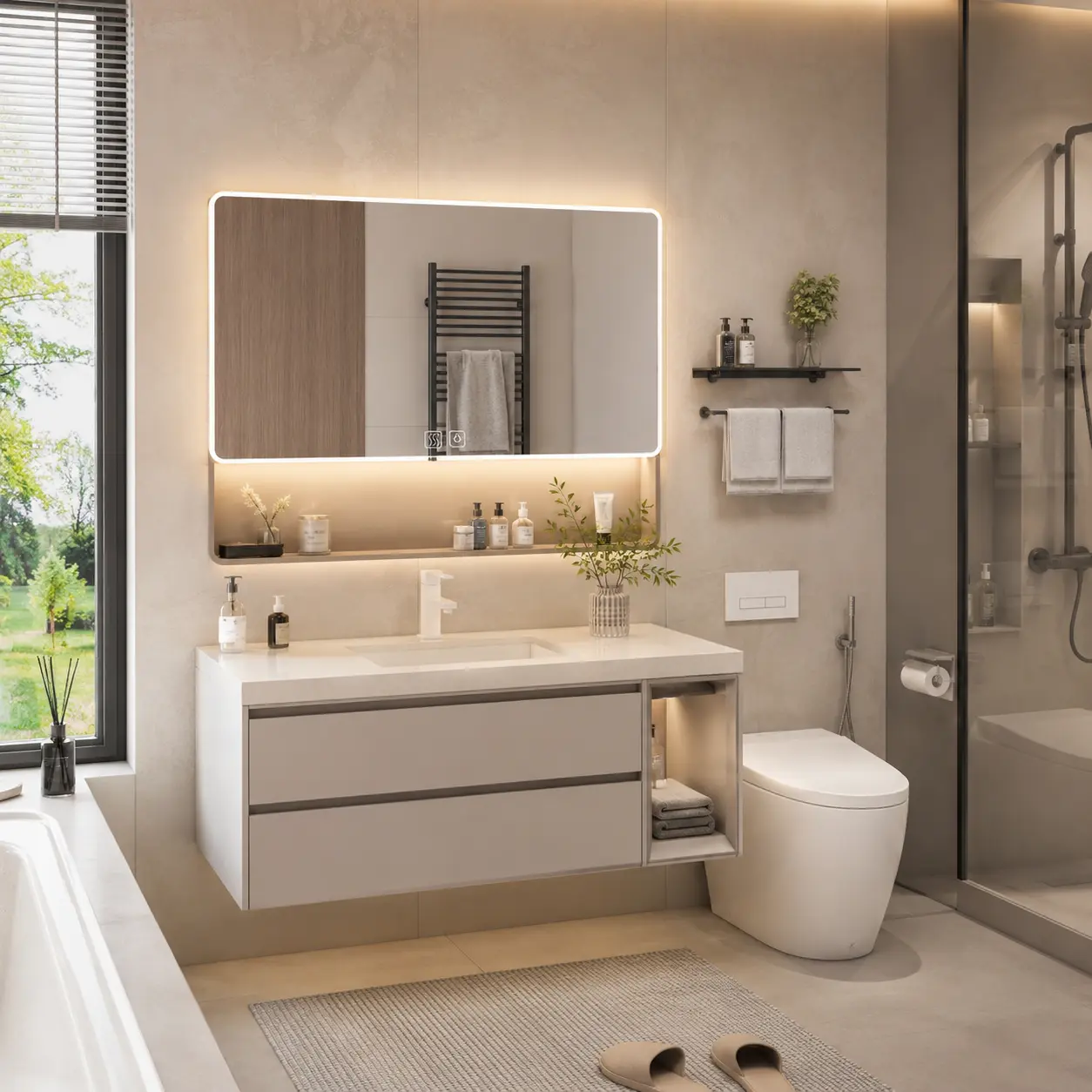 SAVEYOUR 35 x 28 Inch Aluminum Medicine Cabinet Mirror, Bathroom LED Mirror Cabinet with 3 Color Lights & Anti-Fog Function, Wall Mount Mirror Cabinet with Cosmetic Storage Rack and Hair Dryer Holder