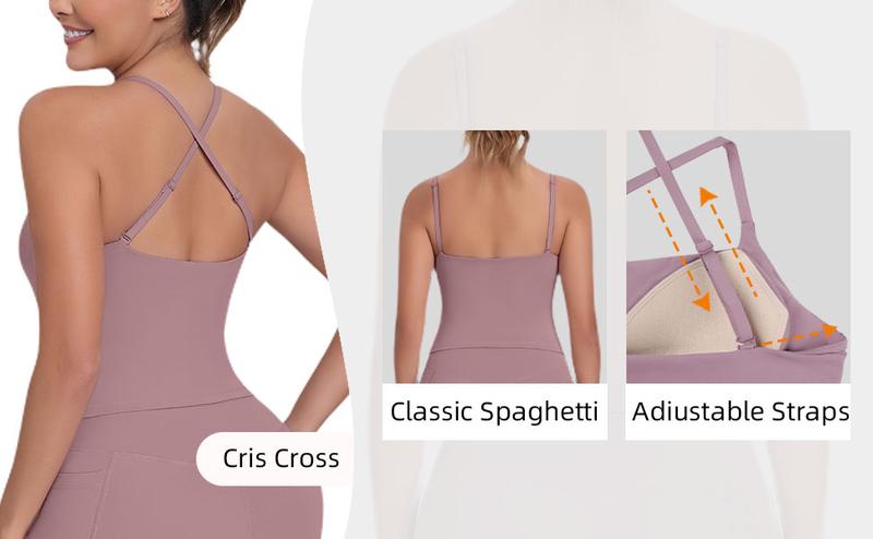 【LOCAL SHIPPING】2026 New Adjustable Straps Built-in Bra Tank Top - Criss Cross VS Spaghetti Thin Straps & Scoop Neck, Slim Cute Buttery Soft Thicker Fabric Longline Sports Bra with Built-in One-Piece Bra Pads Yoga Wear Fitness Yoga Gym Activewear