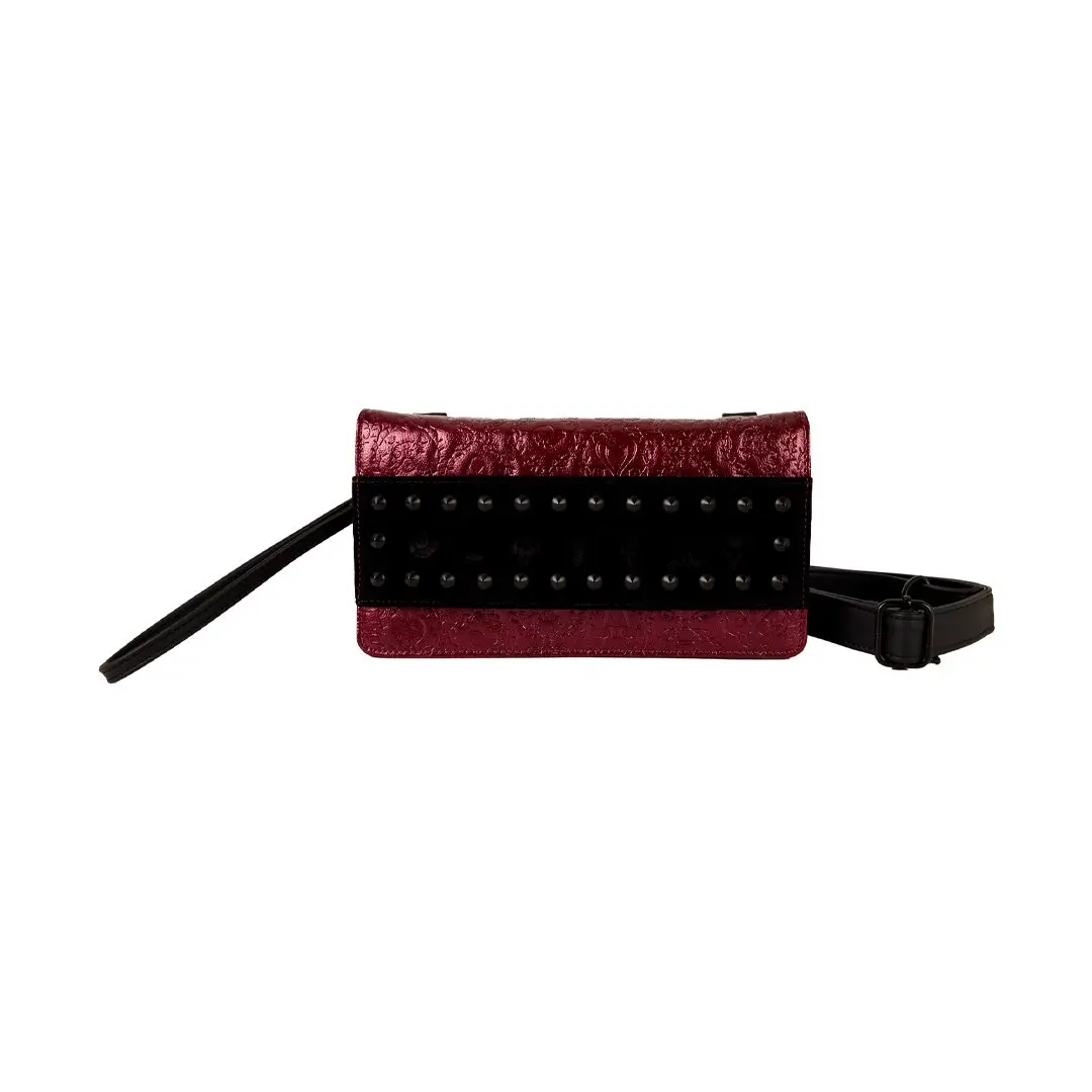 Loungefly Disney Villains Happily Never After Clutch Crossbody Bag, Faux Leather, Wristlet, Adjustable Strap Purse, Stud Cones, Crossbody Bags, Wrist Straps, Graphic, Lightweight, Velvet Trim, Casual Use, Zip Closure, All Over Print, Debossed Symbols, Deb