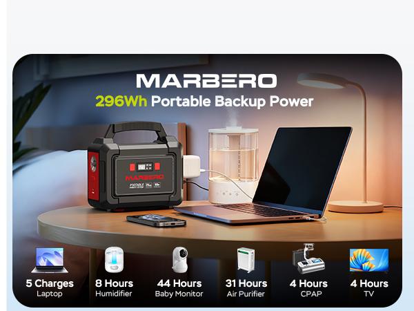 MARBERO 296Wh Portable Power Station with 2 x 300W Pure Sine Wave AC Outlets 330W Surge 8 Output Ports & Built-in Flashlight for Camping Blackout Outdoor Emergency