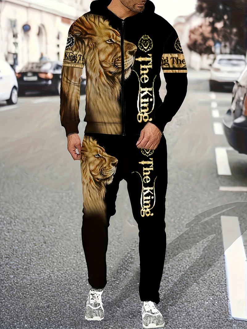 European and American Trendy Lion Print Hooded Sweatshirt Set Men's Street Style Loose Fit Sports Two-Piece Set