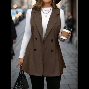 Vintage Suit Collar Double-Breasted Waist-Cinching Vest for Women, Zigzag Sleeveless Back Heart, Commuting Style Slim Fit Outerwear Fitted