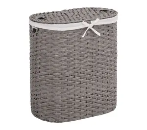 Seville Classics Handwoven Oval Double Laundry Hamper, Gray