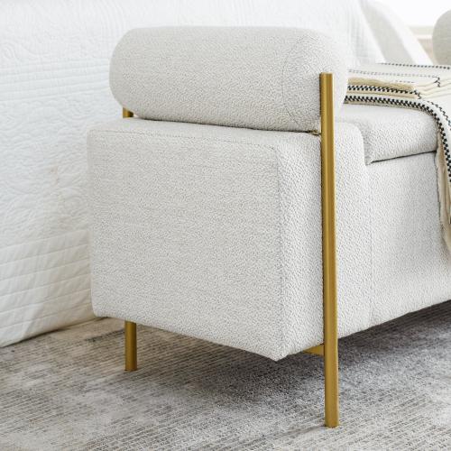Niccae Elegant Linen Upholstered Storage Bench with Cylindrical Arms and Iron Legs, Multipurpose Ottoman for Hallway, Living Room, Bedroom, Entryway Soft Cushioned Stool Footstool
