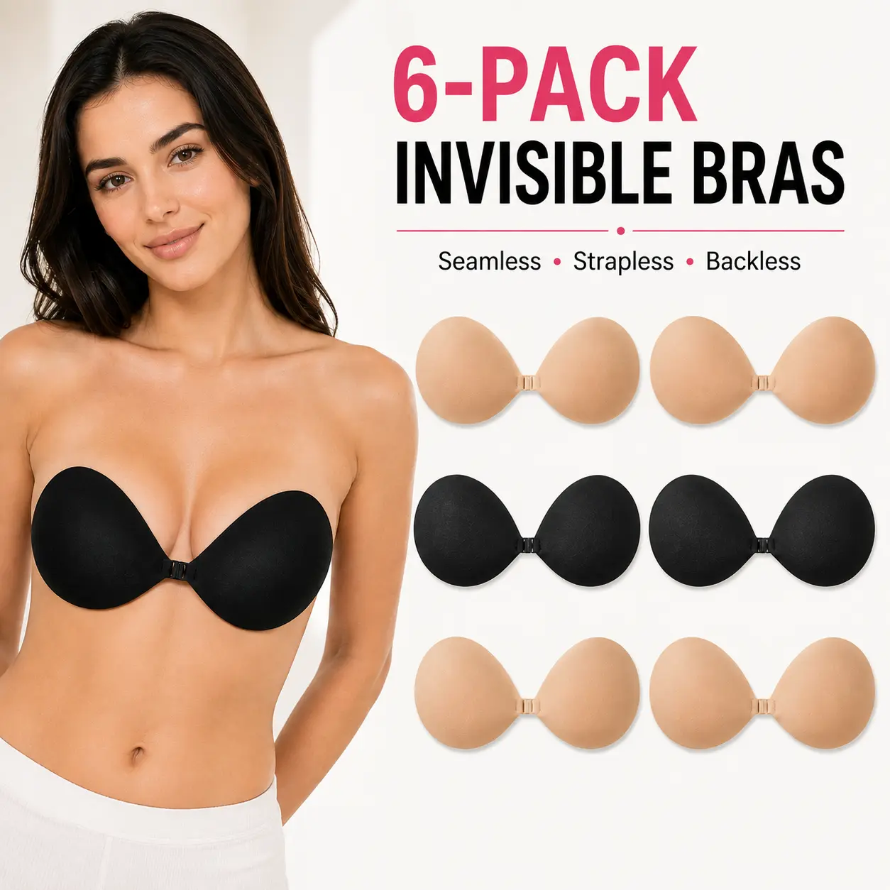 Women's 6-Pack Reusable Light Adhesive Push-Up Bras - Nylon Poly High-Stretch Wire-Free Seamless Breast Lift Nipple Covers, Invisible Strapless, Black & Nude, Bridal Use, Seamless Look, All Seasons