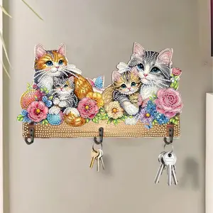 DIY Colorful Cat Diamond Painting Key Holder Kits - Diamonds Wall Art with 3 Hooks,Animal Wall Decor,for DIY Crafts,for Home Kitchen Decoration,Best Gift