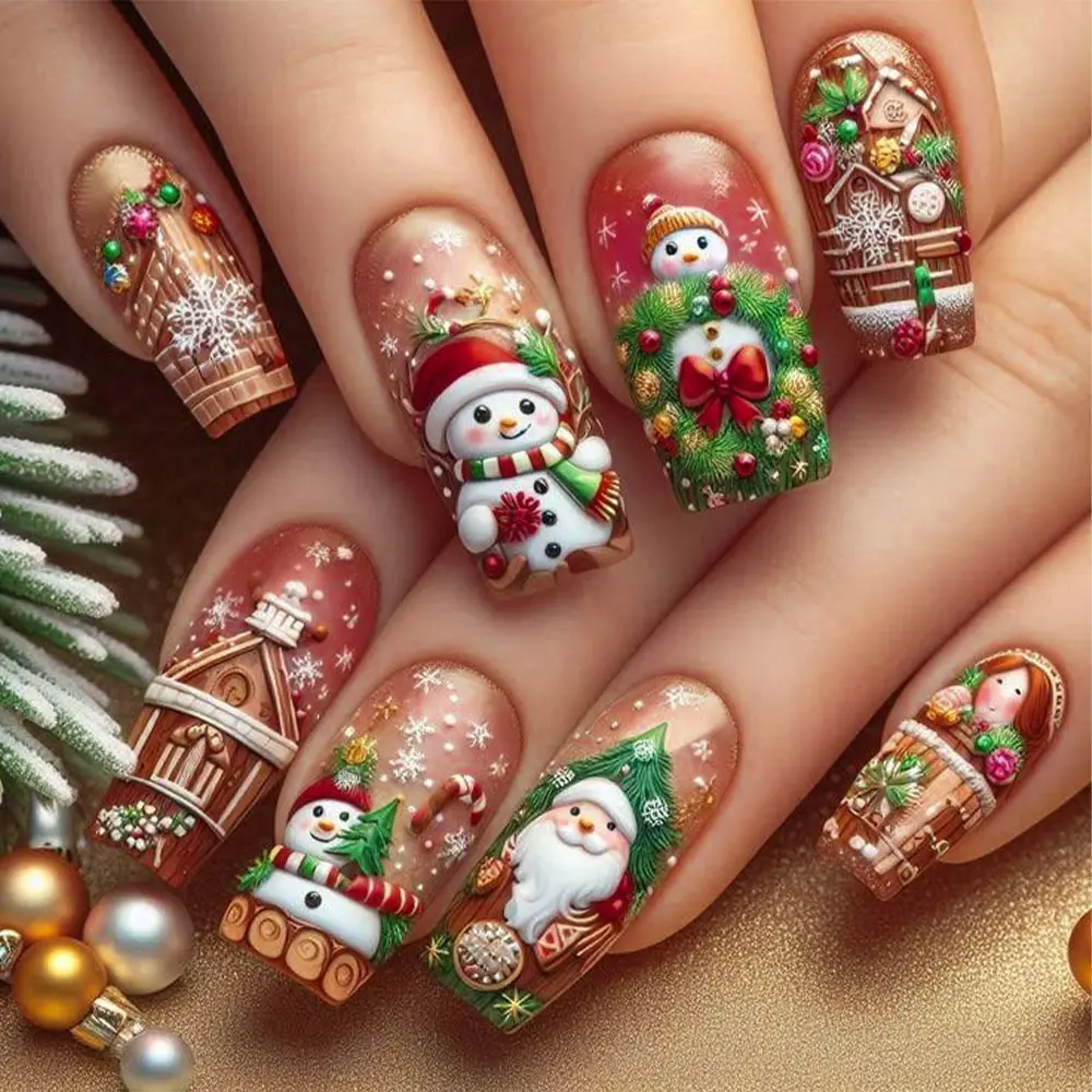 Christmas 24pcs Square Press-On Nails, Tree Snowman Santa Candy House Designs, Acrylic False Nails for Women Girls, Winter Style Nail Art