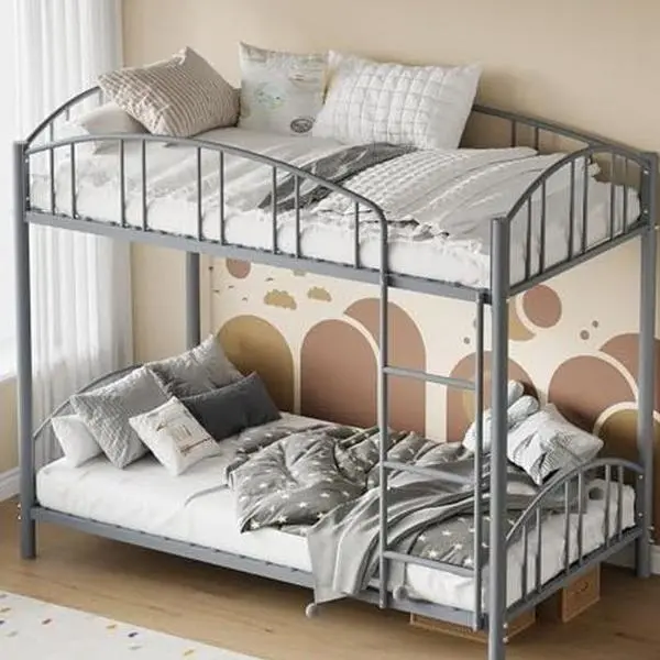 Gray Twin Over Twin Bunk Bed Frame for Kids - Bedroom Furniture with Ladder, Arched Guardrail, Heavy-Duty Steel Slats Support, Silent, Secure, Durable, Space-Saving, No Box Spring Needed