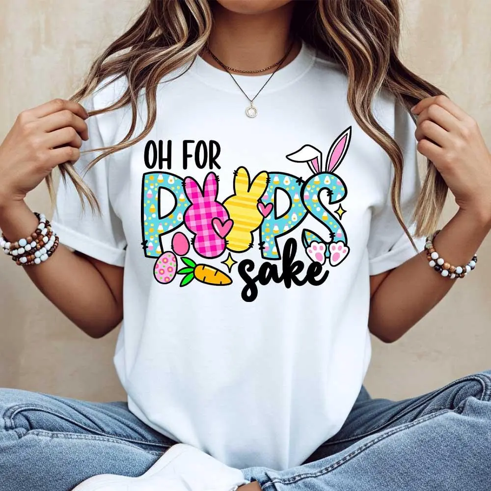 Women's Short-Sleeve Round Neck White Fit Tee - Oh For Pops Sake Easter Bunny Carrot Cartoon Style Print, Casual Loose Everyday Top, Spring Festival Party Festive Wear, Sohochic