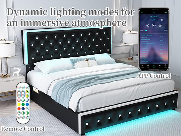 Sibeds Full LED Galaxy Bed Frame Set, Modern Smart Upholstered Platform Bed with Storage Drawers, Crystal Button Tufted Headboard, Solid Slat Support, Noise-Free, No Box Spring Needed, PU & Velvet, Black/White/Gray/Beige