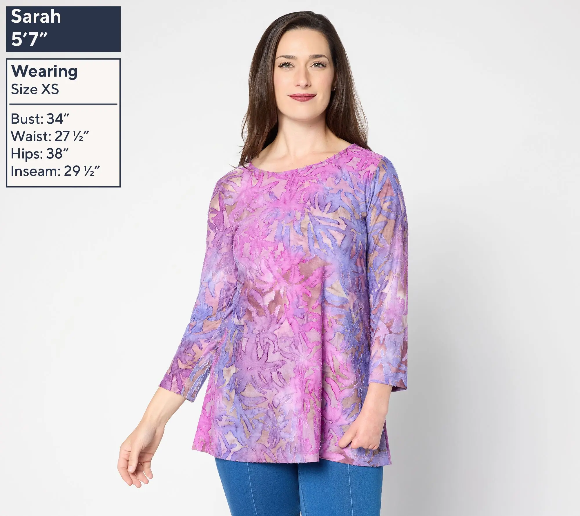 Susan Graver Weekend Petite Tie Dye Burnout 3/4 Sleeve A-Line
