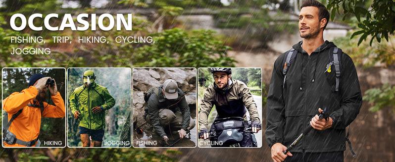 Men's Packable Jacket Outdoor Waterproof Hooded Lightweight Classic Cycling Raincoat for Hiking/Outdoor/Camping Fabric Menswear Zipper Breathable Relaxed Fit Long Sleeve Tops Athletic Outerwear Activewear Blazer