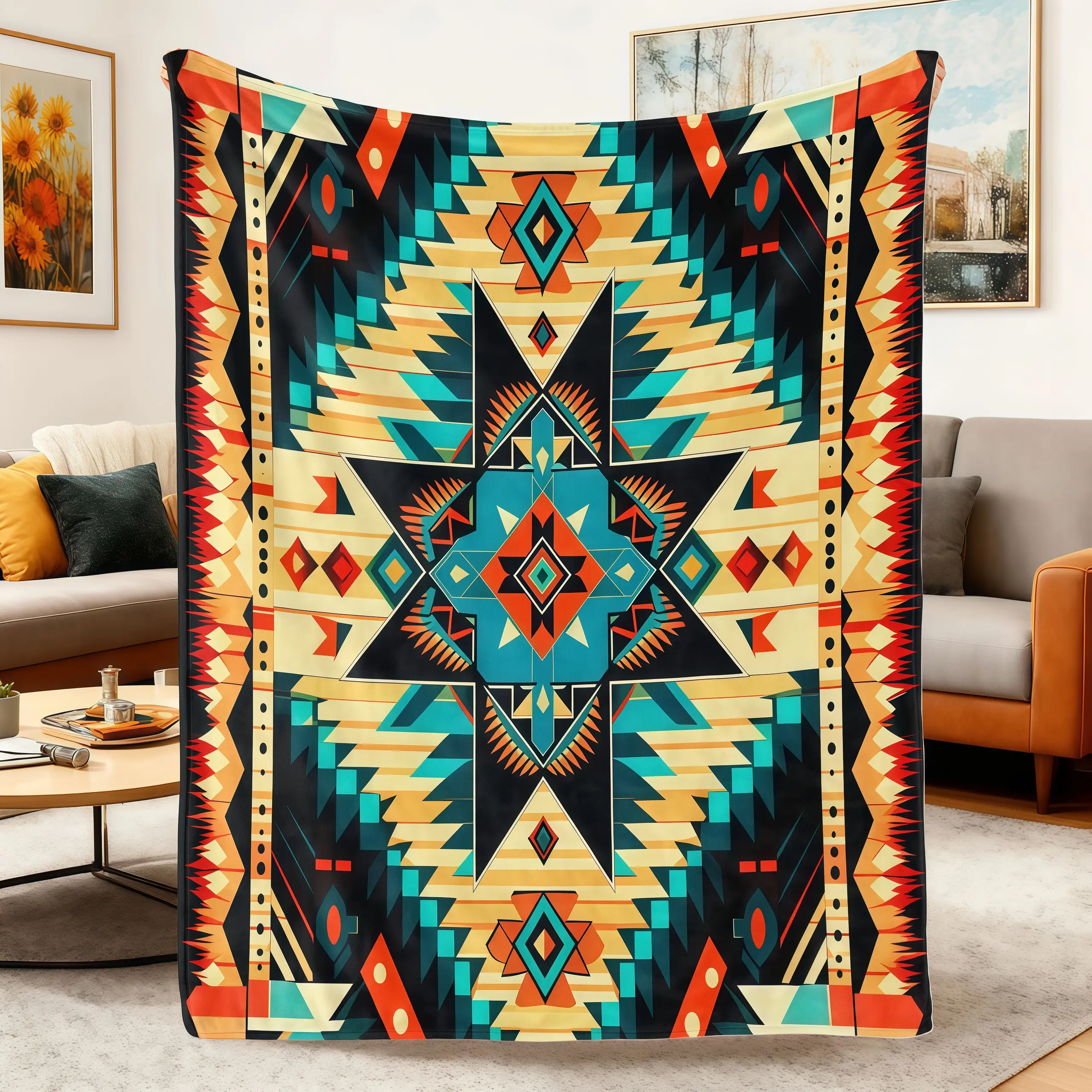 Soft Comfortable Funny Southwestern Tribal Pattern Flannel Throw Blanket,Western Inspired Cozy Blanket For Couch Sofa Bed Travel Camping Western Decor Gift summerwins