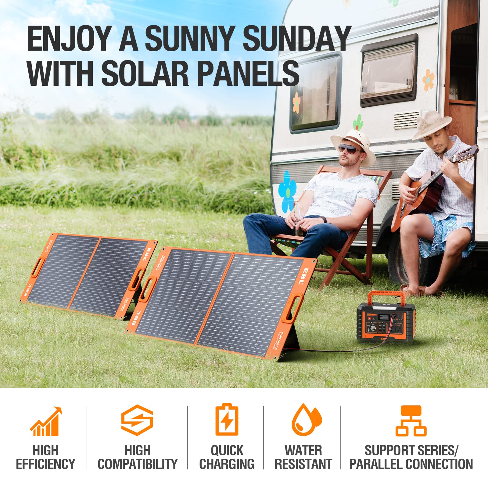 EBL Solar Apollo 100W Portable Solar Panel - Upgraded with 23% Efficiency, IP65 Waterproof, & 45° Kickstand for Enhanced Sunlight Capture AC Outlet