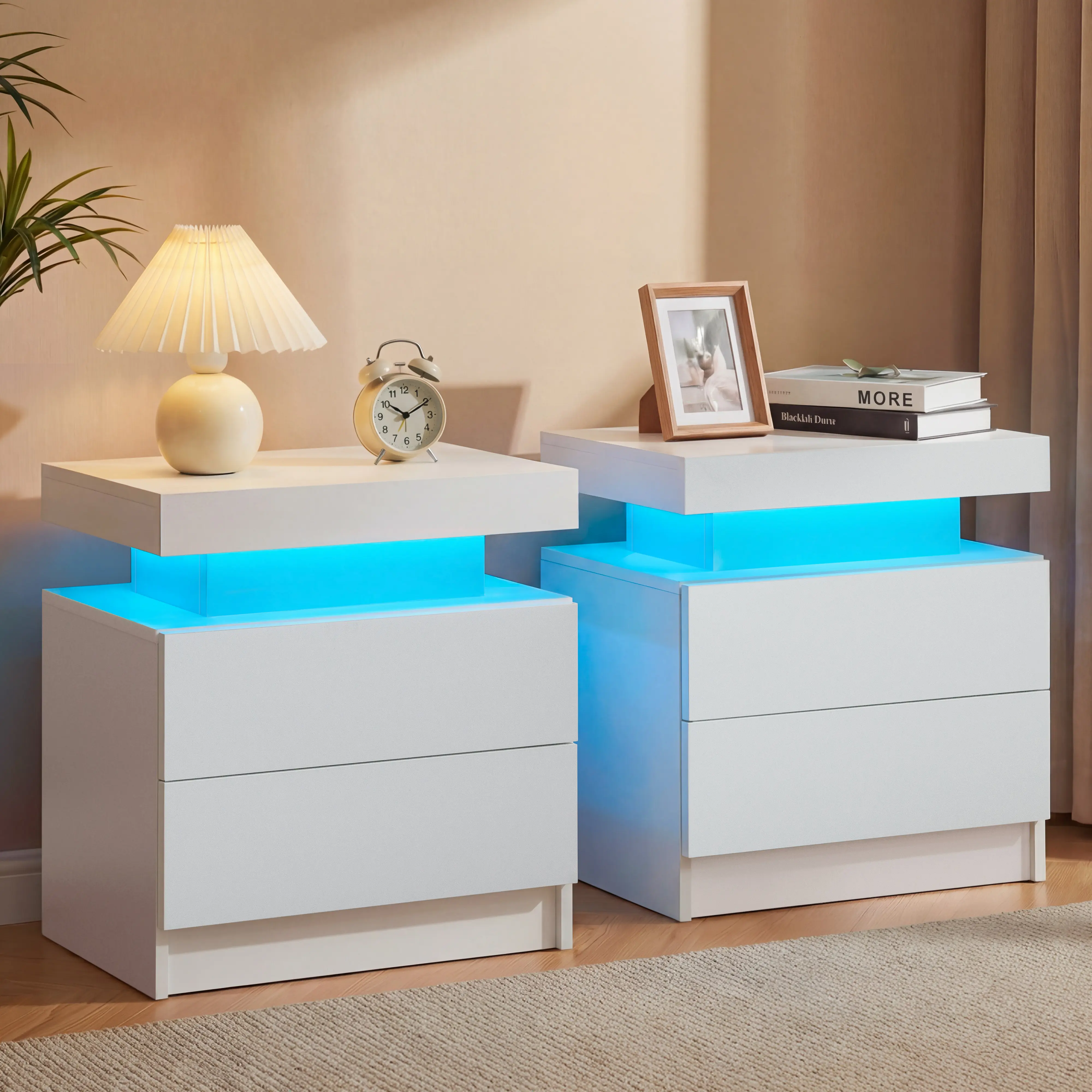 i-aplus Night Stand Set of 2 LED Nightstands with 2 Drawers Modern Bedside Table for Bedroom,Living Room
