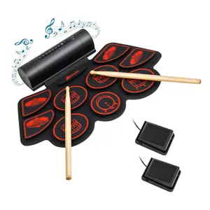 9-Pad Roll-Up Electronic Drum Set with Dual Speakers & MIDI Connection - Portable Practice Kit with Pedals