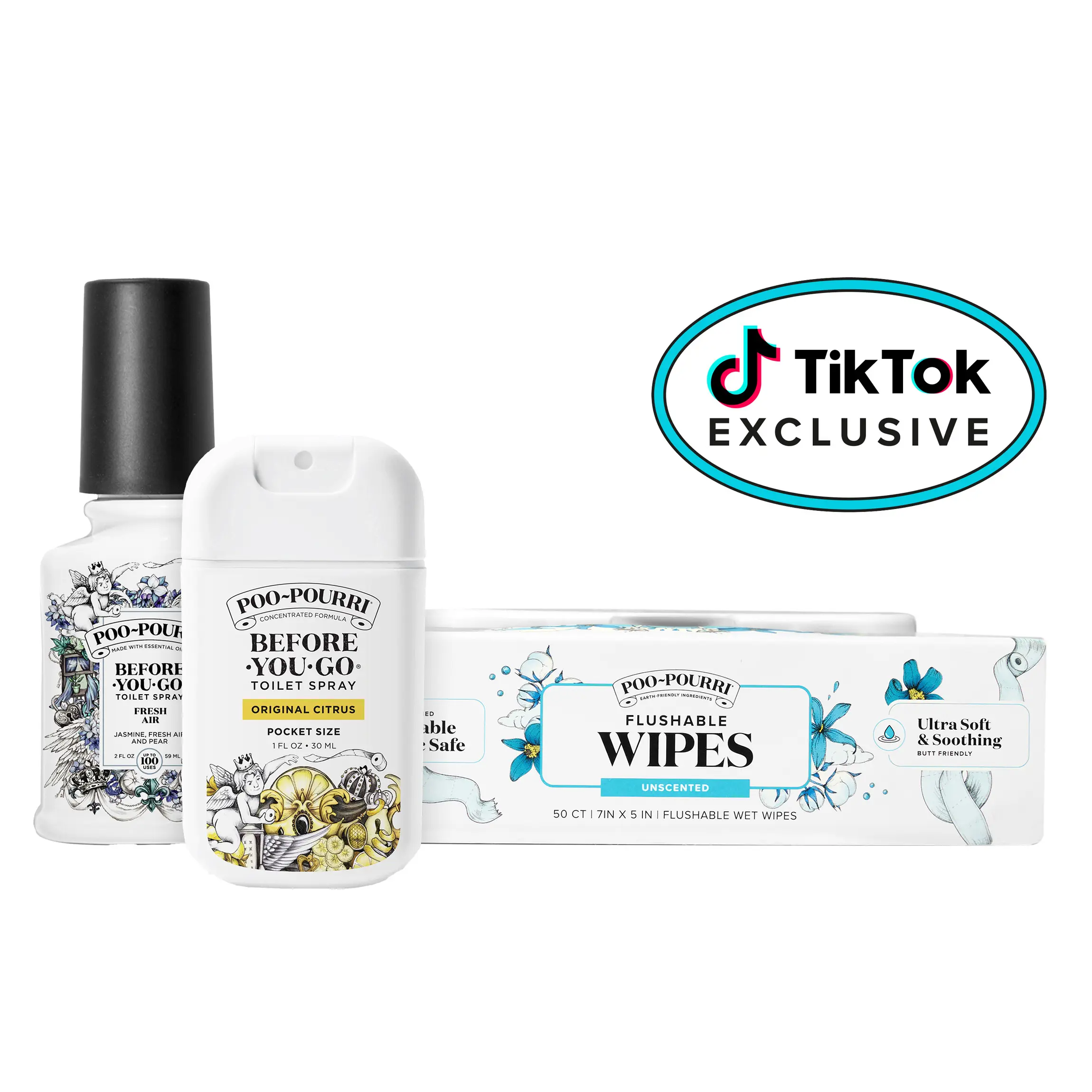 Poo~Pourri Ultimate Bathroom Starter Kit - 2oz Spray, 1oz Pocket Spray & Flushable Wipes Bundle
