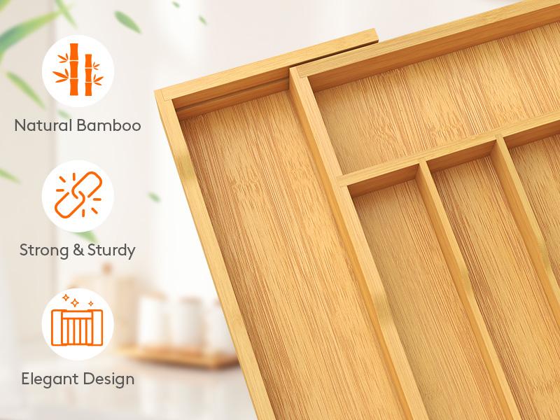 Lifewit Silverware Drawer Organizer, Expandable Utensil Tray for Kitchen, Bamboo Flatware & Cutlery Holder, Sturdy Wooden Design