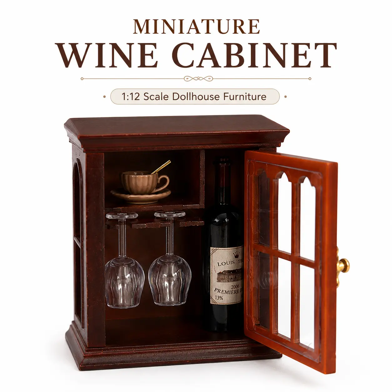 1:12 Scale Wood-Style Dollhouse Wine Cabinet - Small Display Piece with Mini Wine Bottle, Hanging Glasses, Tea Cup Set, Wooden Bar Furniture for Mini House Decor, DIY Scenes