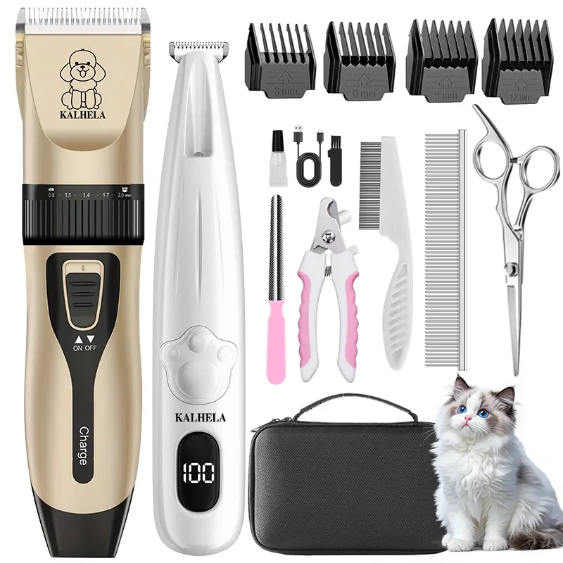 KALHELA Rechargeable Low-Noise Pet Grooming Clippers Kit - ABS Plastic Work Tools with Hair Trimmer, Nail Supplies, Pet Supplies for Quick Care via Simple Steps (Dogs, Cats)