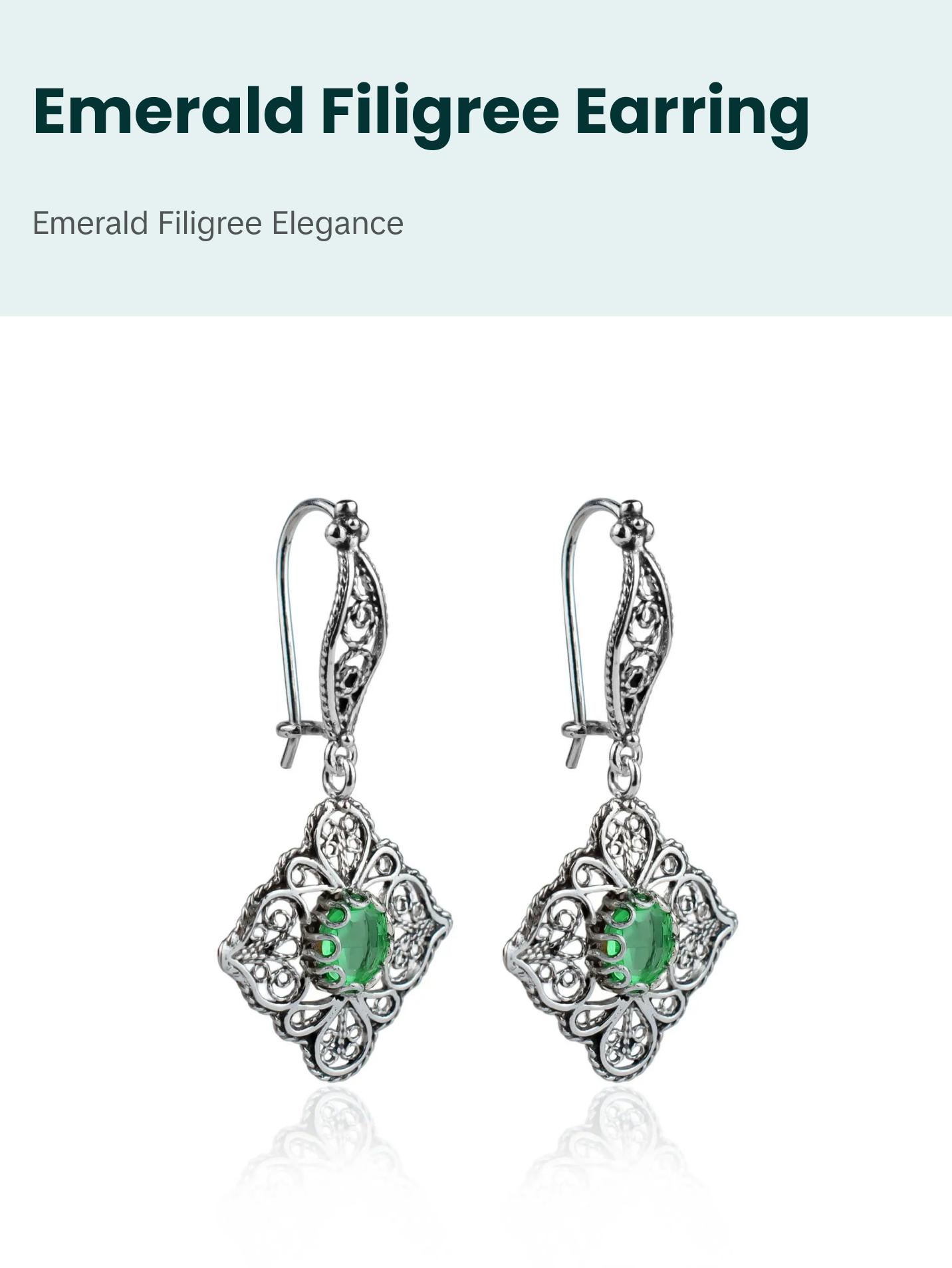 Sterling Silver Filigree Art Emerald Gemstone Woman Dangle Drop Earrings